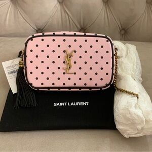 Saint Laurent YSL Mini Lou Polka Dot Leather Camera Crossbody Bag Pink Black NWT
